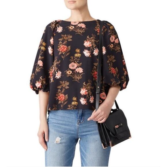B Collection by Bobeau Women's Black Floral Balloon Half Sleeve Top Size Small - Picture 10 of 11